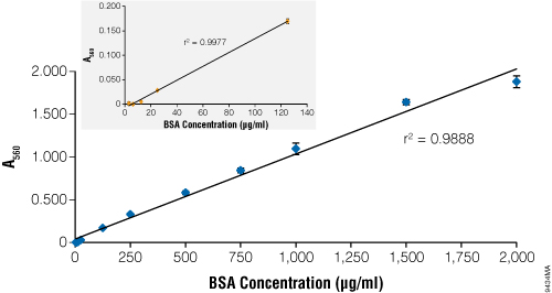 Detection of protein using the Pierce BCA Protein Assay and the GloMax Multi Plus Detection System with Instinct Software. 