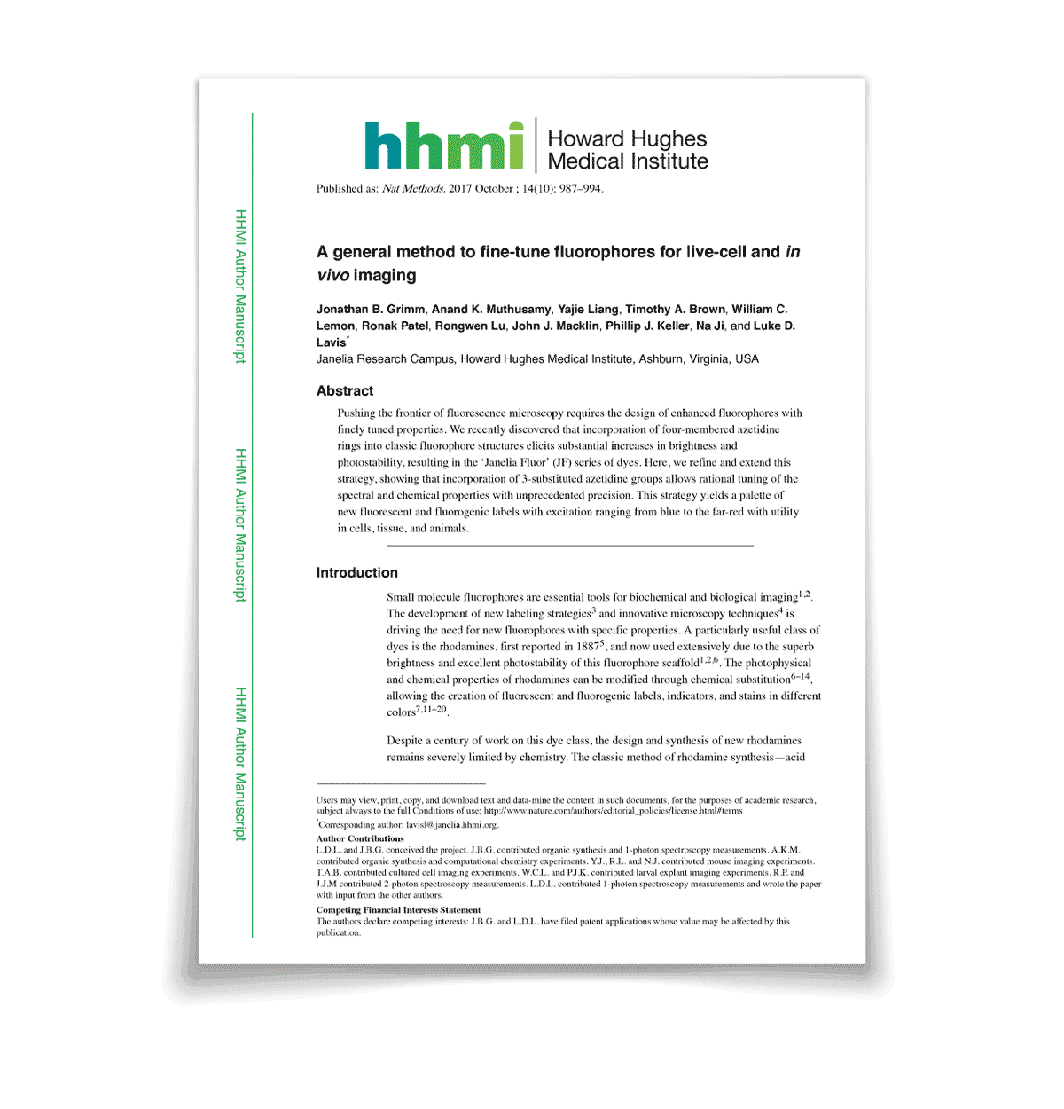 Thumbnail image of the featured publication, "A general method to fine-tune fluorophores for live-cell and in vivo imaging".